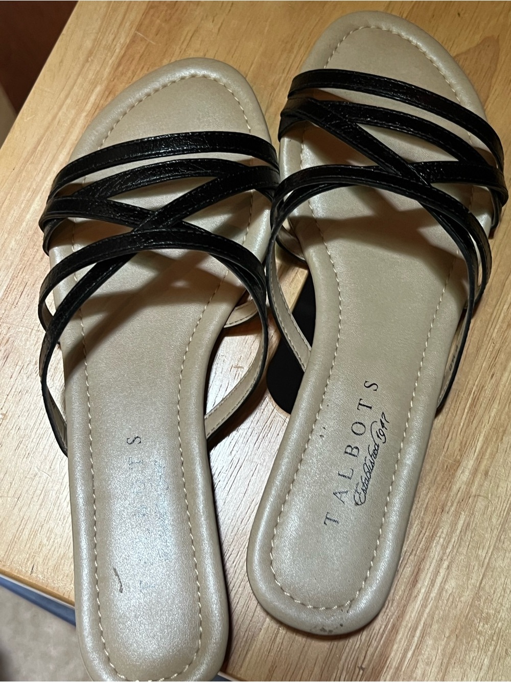 Talbots Black Strappy Slide Sandals with Cream Footbed